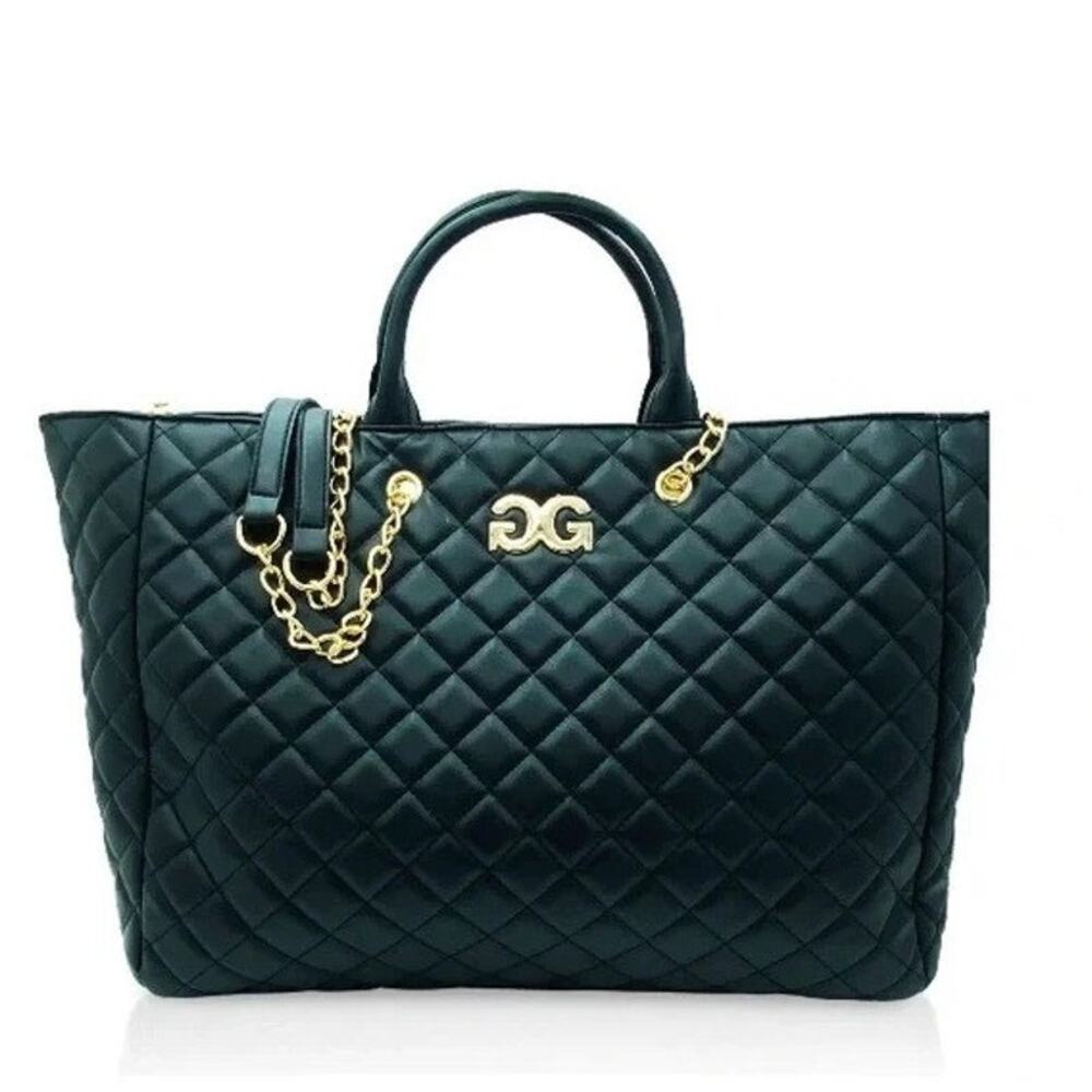 NEW Gilda Paris Quilted Large Tote Black Gold Chain Travel Work Statement Bag‎